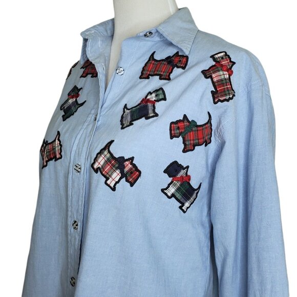 Vintage Scottie Dog Embroidered Womens Shirt Size Medium Long Sleeves Blue - Picture 3 of 7